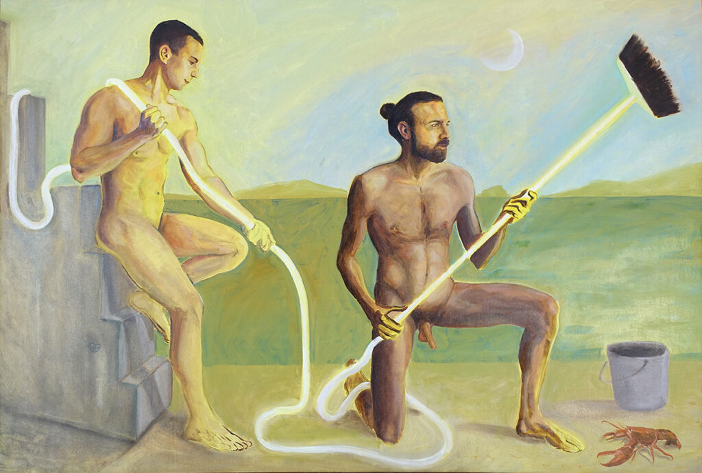 Quadro di Orlando Fiore, Don Chisciotte riceve il titolo, olio su tela, 1982
