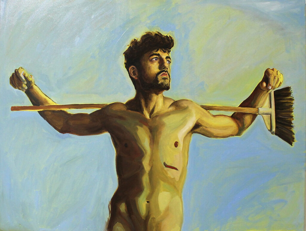 Quadro di Orlando Fiore, Cristo della scopa, olio su tela, 1985
